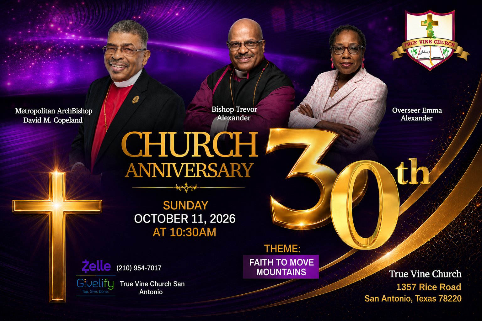 30th Church Anniversary — Sunday, October 11, 2026 at 10:30 AM. Theme: Faith to Move Mountains.