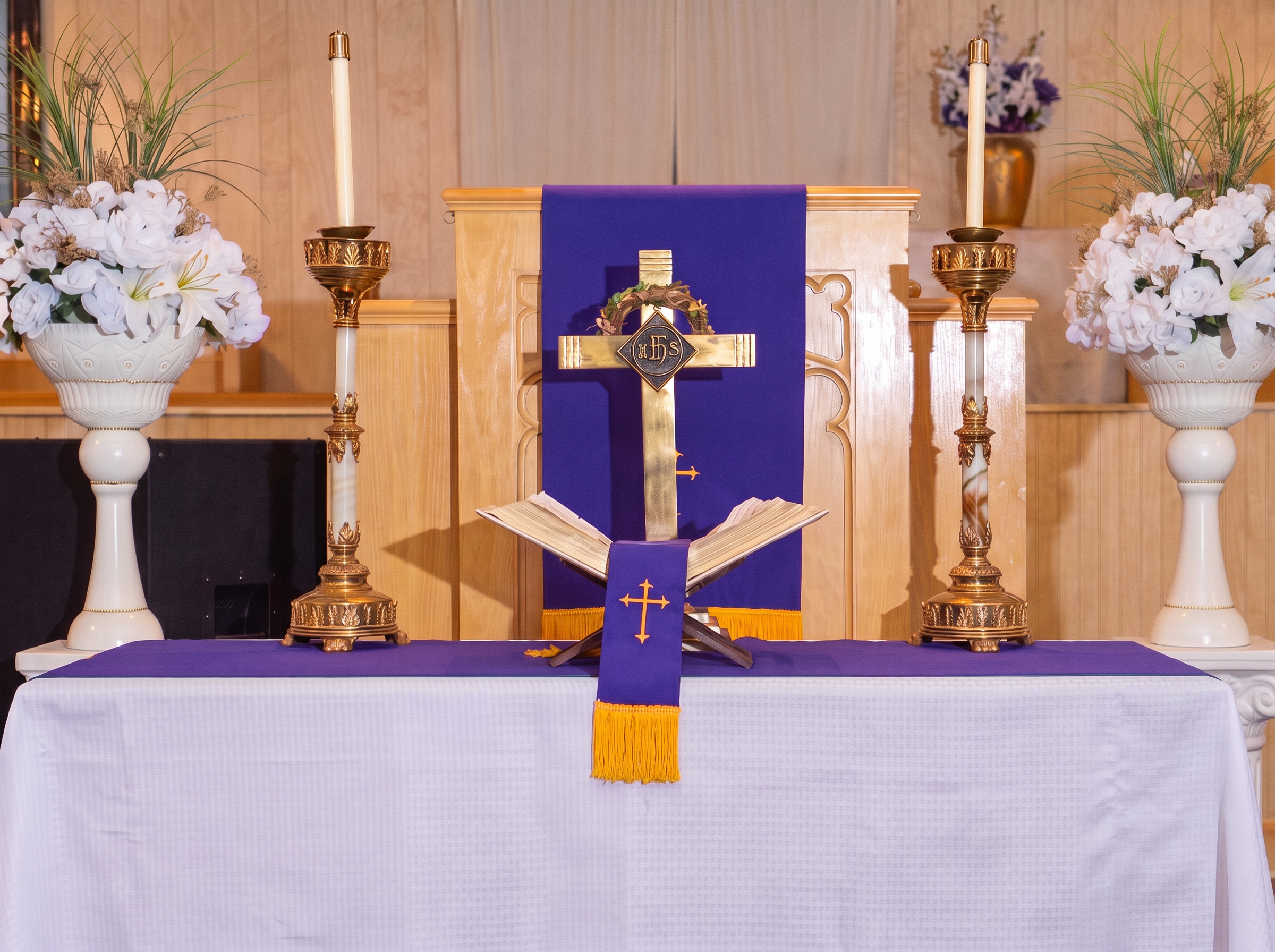 True Vine Church altar with a purple cloth and golden cross